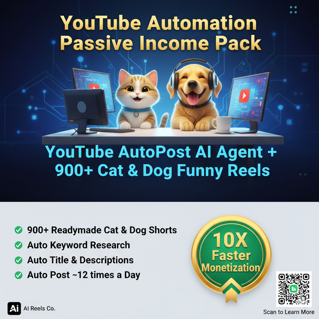 YouTube Earning Pack (AI Agent + Funny AI Cat and Dog Reels) 1 YouTube Cat & Dog Reels Pack